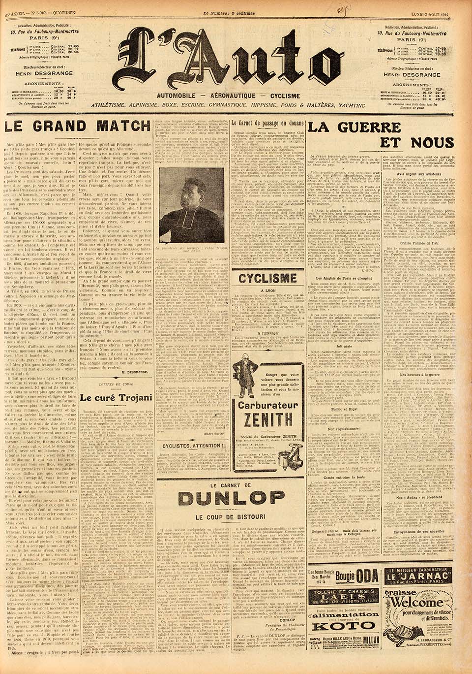 « Le Grand Match » Henri Desgrange dans L’Auto